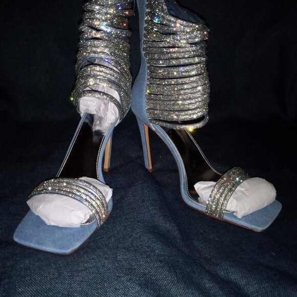 AZALEA WANG "COME THROUGH ALL DAY"RHINESTONE EMBELLISHED STRAPPY DENIM BRAND NEW - Picture 7 of 8